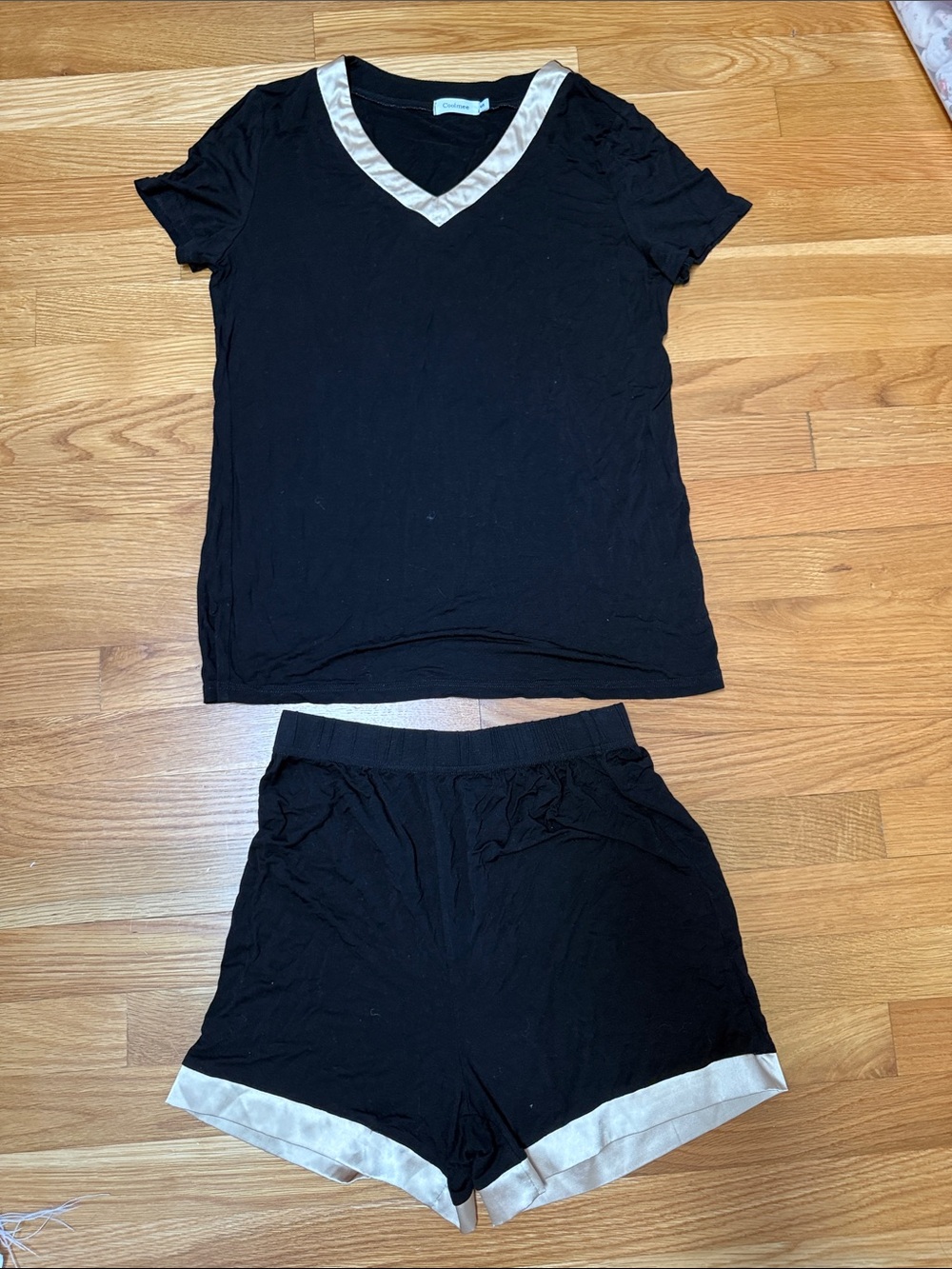 Women's Black Short Sleeve Pajama Set with Cream Trim